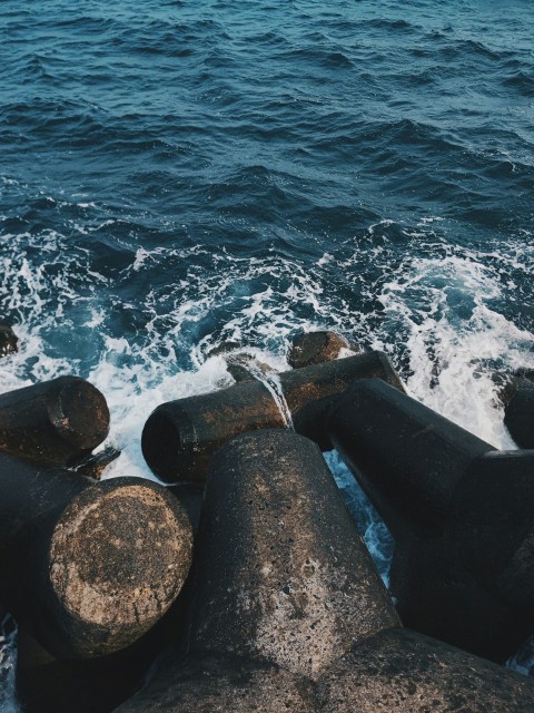 a group of pipes sitting on top of a body of water