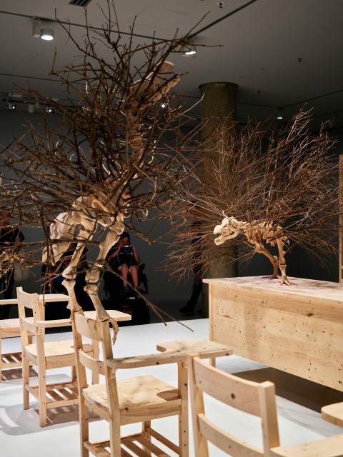 a group of wooden chairs sitting next to each other