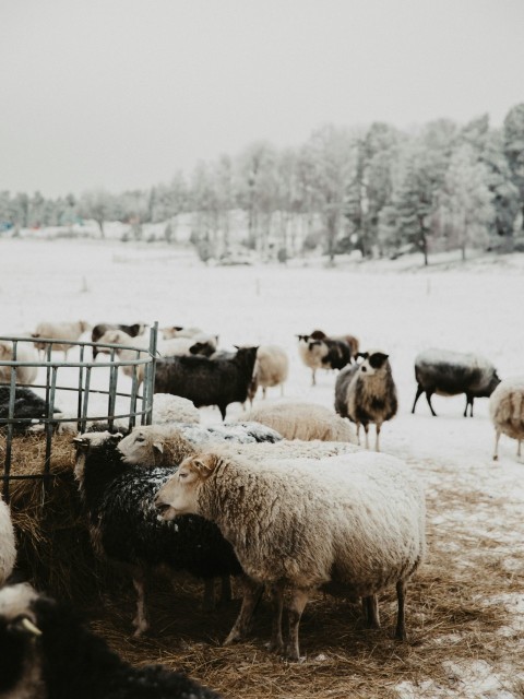 a herd of sheep standing on top of a snow covered field