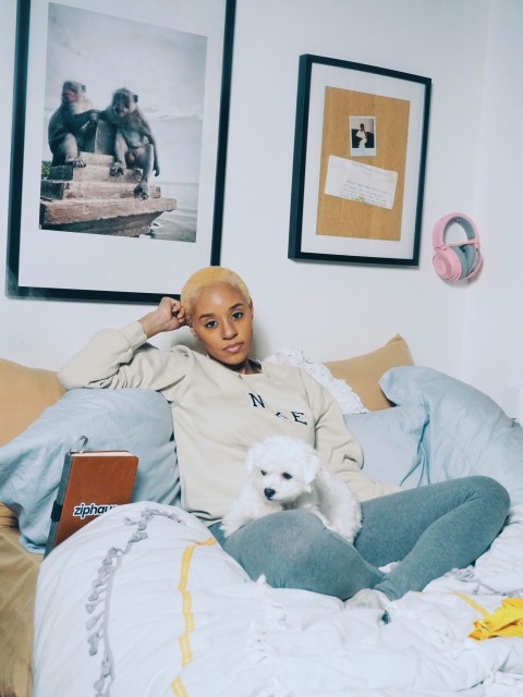 woman in gray long sleeve shirt lying on bed beside white dog