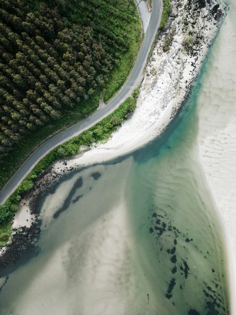 an aerial view of a winding road near a beach v5