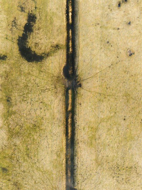 a birds eye view of a dirt road in the middle of a field