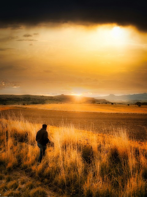 man in black jacket standing on brown grass field during sunset lxziZx