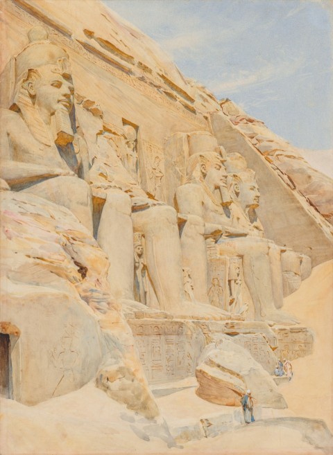 a painting of a group of statues in the desert