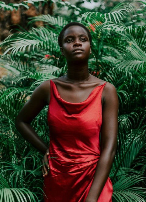 a woman in a red dress