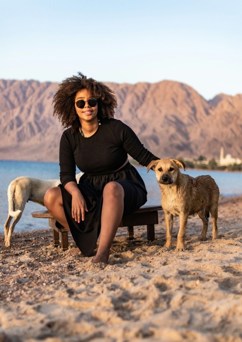 a person sitting on a bench with a dog