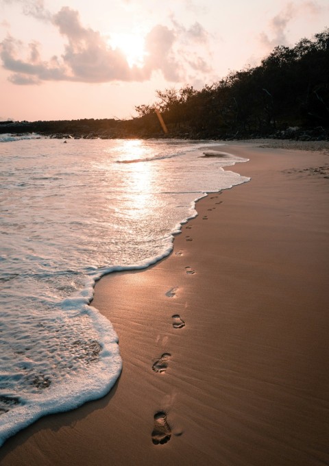 footprints in the sand of a beach at sunset