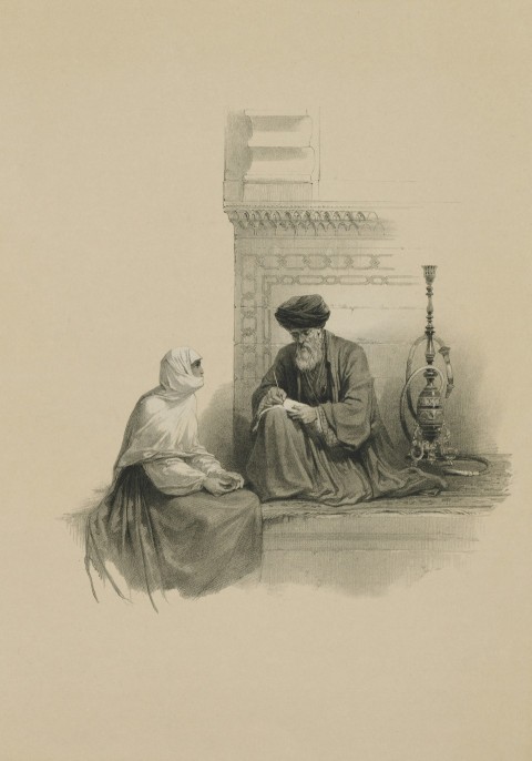 a drawing of a man and a woman sitting next to each other