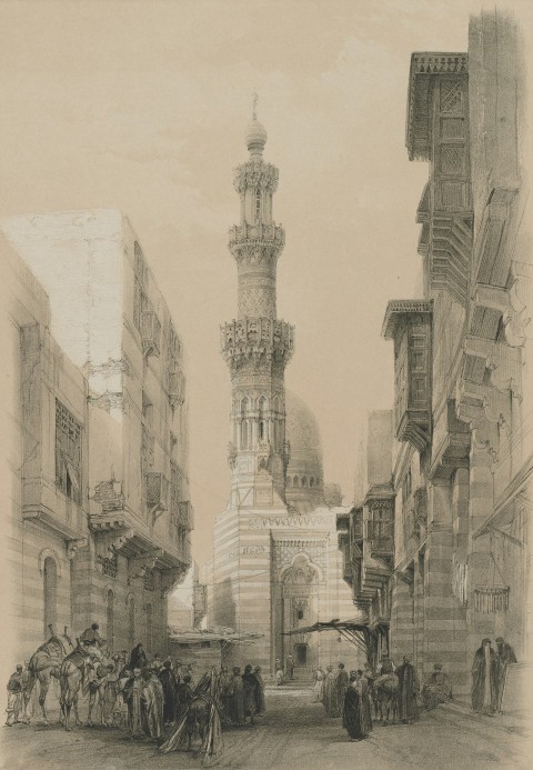 a drawing of a city street with a tall building in the background