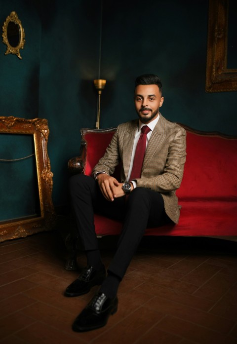 a man in a suit sitting on a red couch