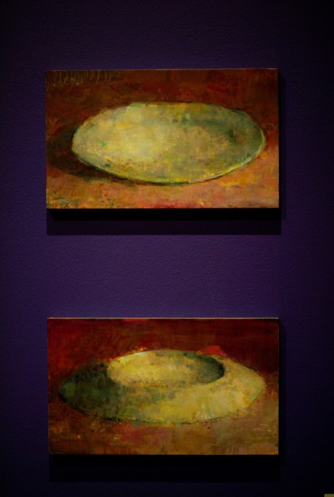 two paintings of a white bowl on a purple background