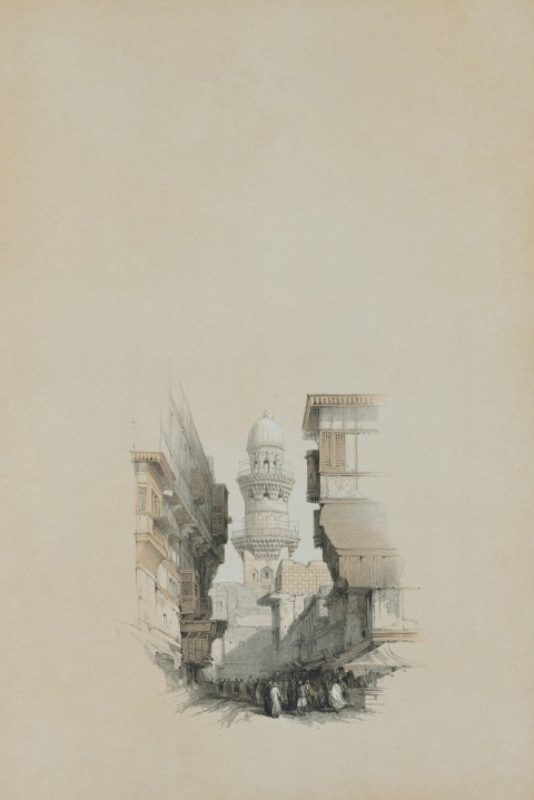 a drawing of a building with a tower in the background