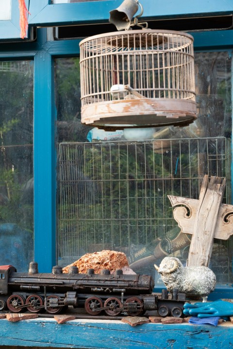 a birdcage with a bird inside of it