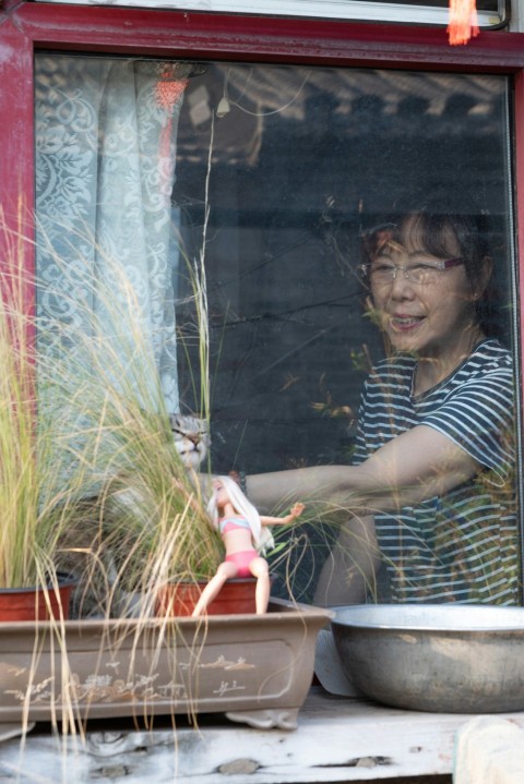 a woman is holding a plant in a window