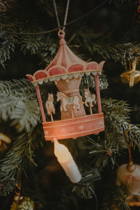 a christmas ornament hanging from a christmas tree