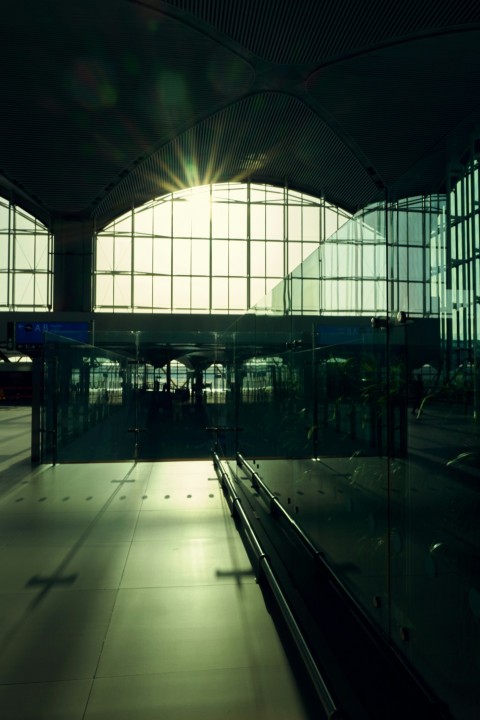 a train station with a large window