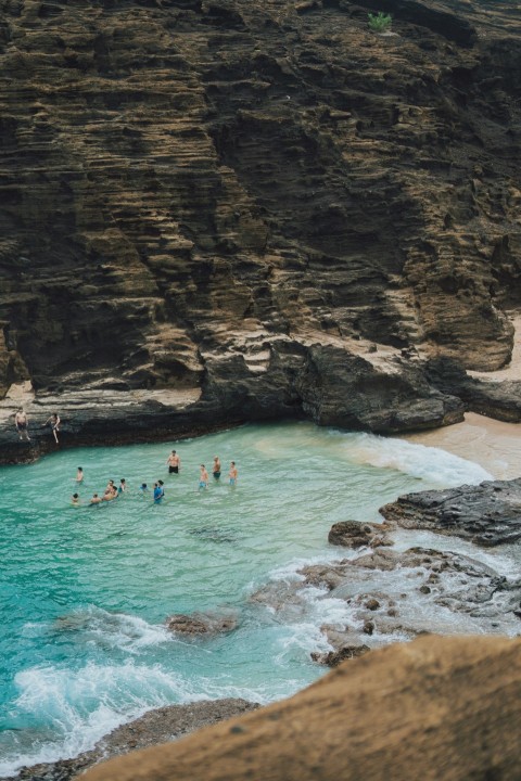 a group of people swimming in a body of water w