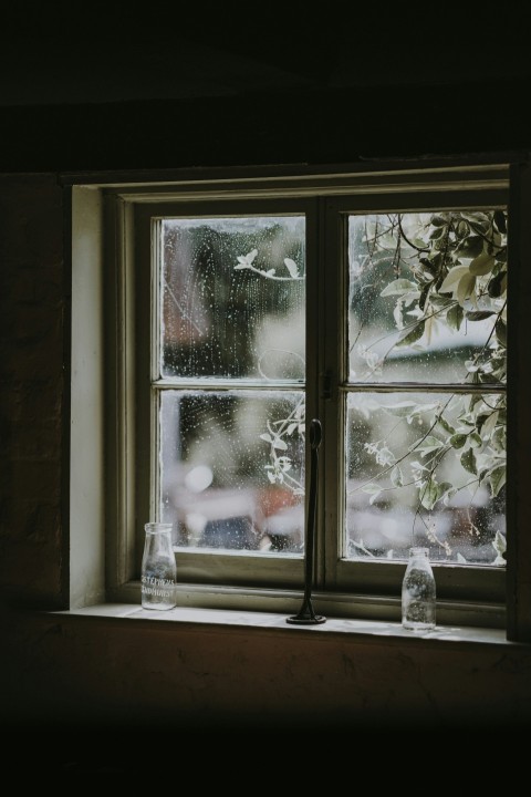 two milk glasses placed near window