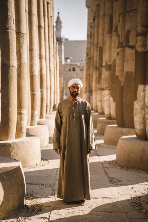 man stands between columns yEM