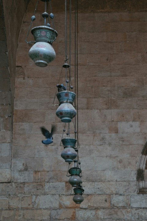 a bunch of pots hanging from a ceiling