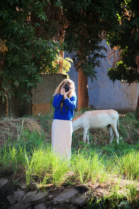 a woman is taking a picture of a cow GIIBohiX