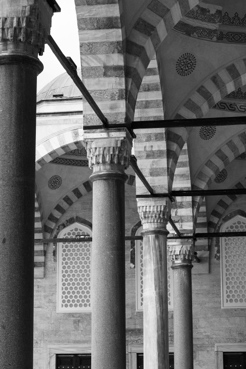 a black and white photo of columns and arches