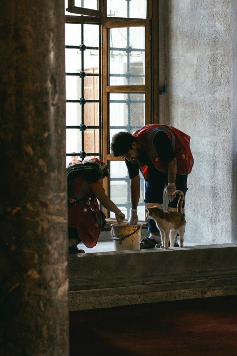 a man and a dog are standing in a window sill