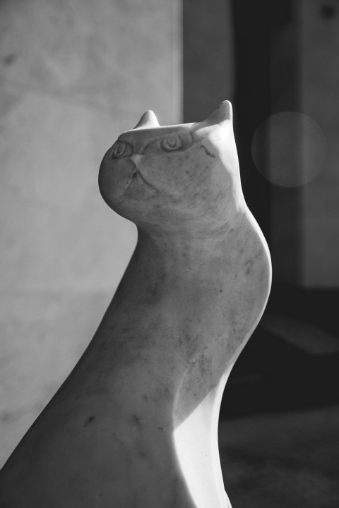 a black and white photo of a cat statue