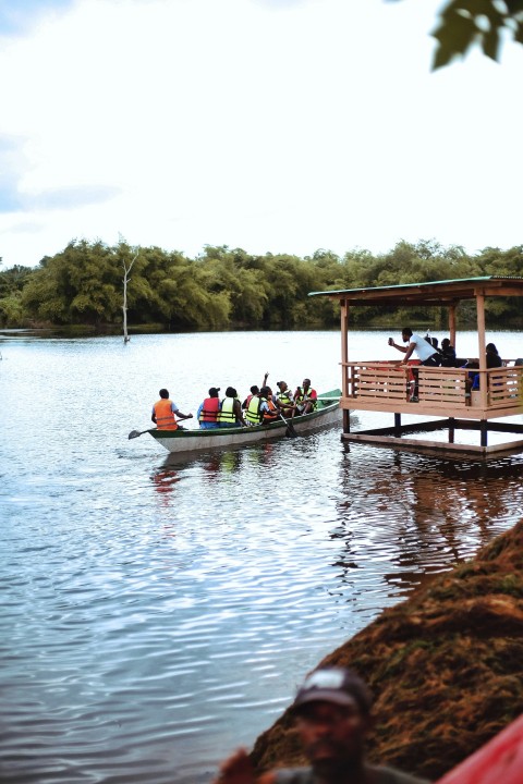 a group of people in a boat on a body of water