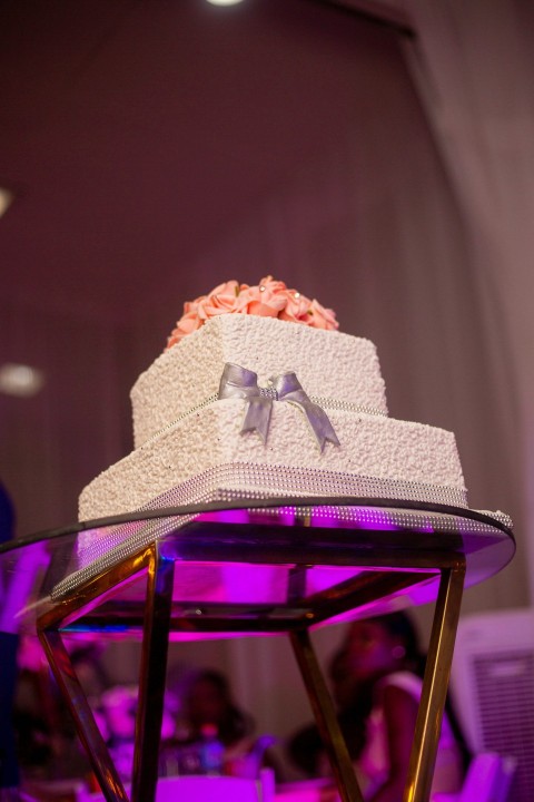 a wedding cake sitting on top of a table