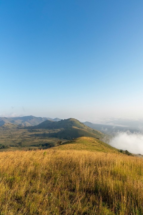 a grassy hill with a few hills in the distance