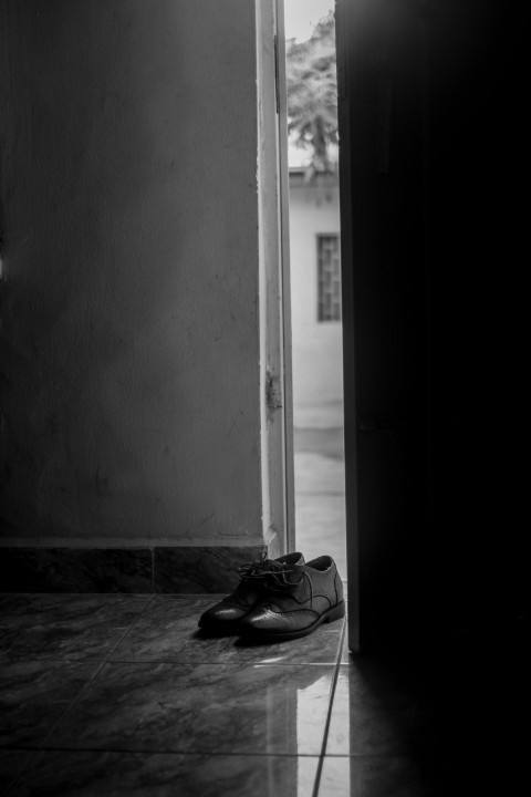 a black and white photo of a pair of shoes