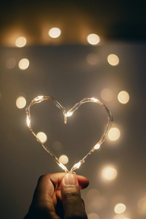 a hand holding a string of lights in the shape of a heart gZTu