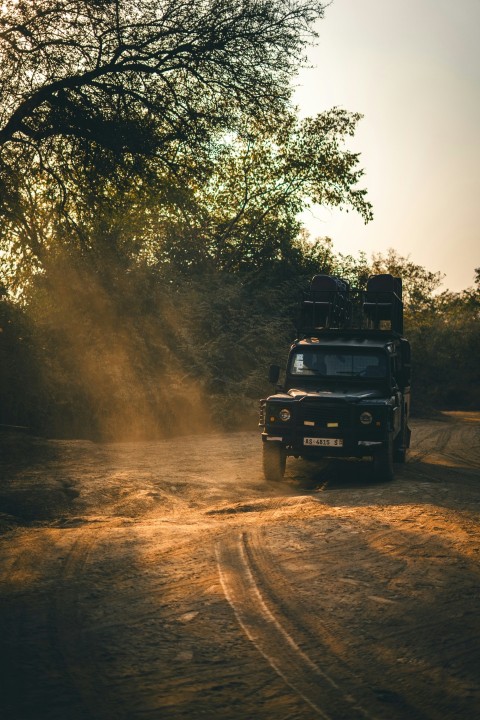 a truck driving down a dirt road next to a forest 5OgchXfT