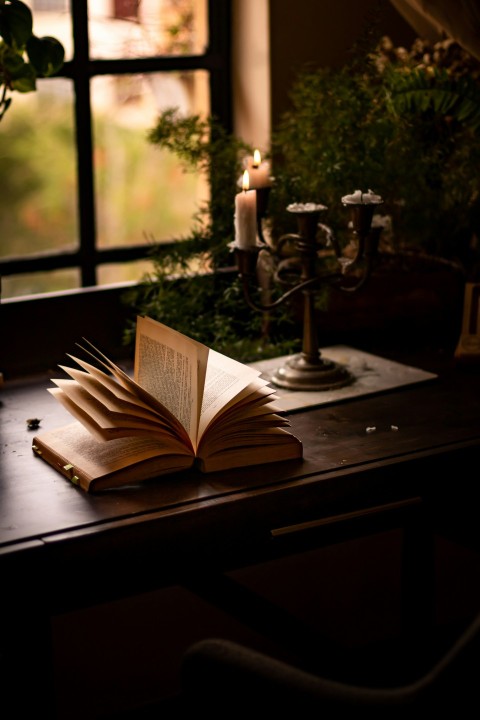 an open book sitting on top of a wooden table qfGUY