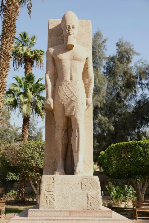 a statue of a man standing next to a palm tree FPC8KLvh