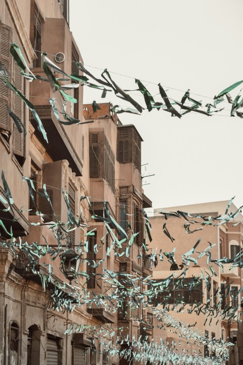 a group of people walking down a street next to tall buildings