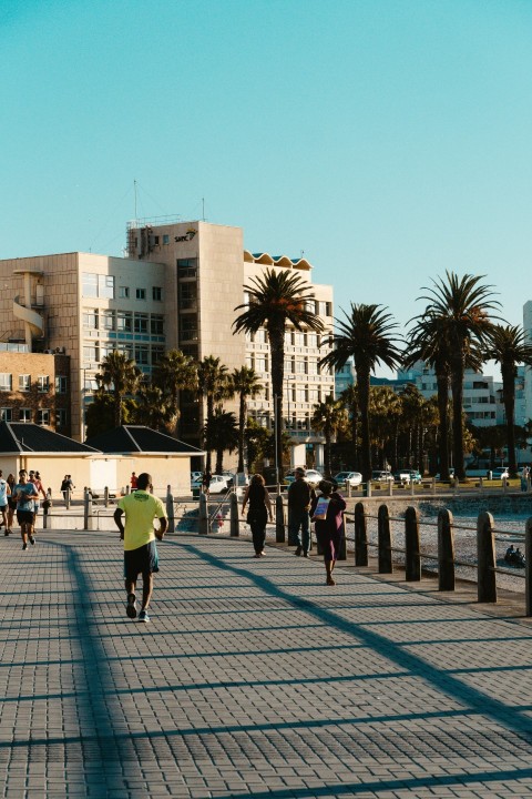 a man riding a skateboard down a sidewalk next to palm trees