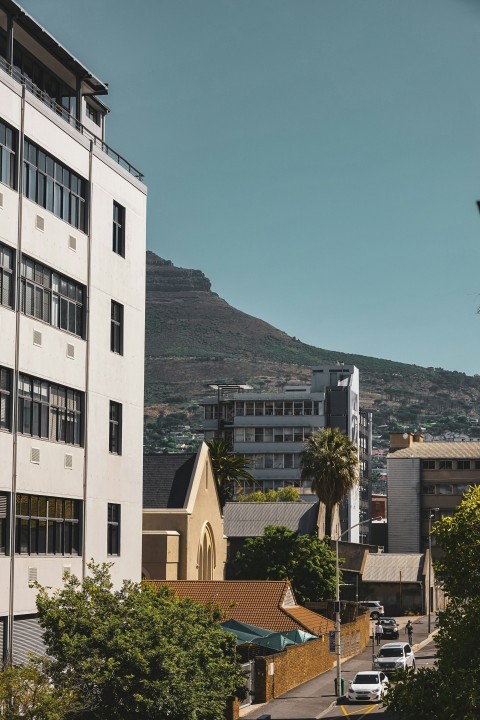 a city with a hill in the background