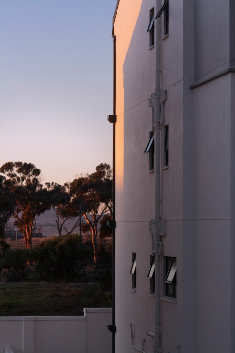 a white building with trees in the background tCYy4