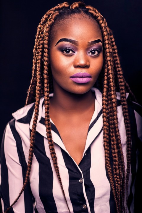 a woman wearing a striped shirt and purple lipstick