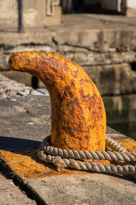 a rusted rope on the ground next to a body of water