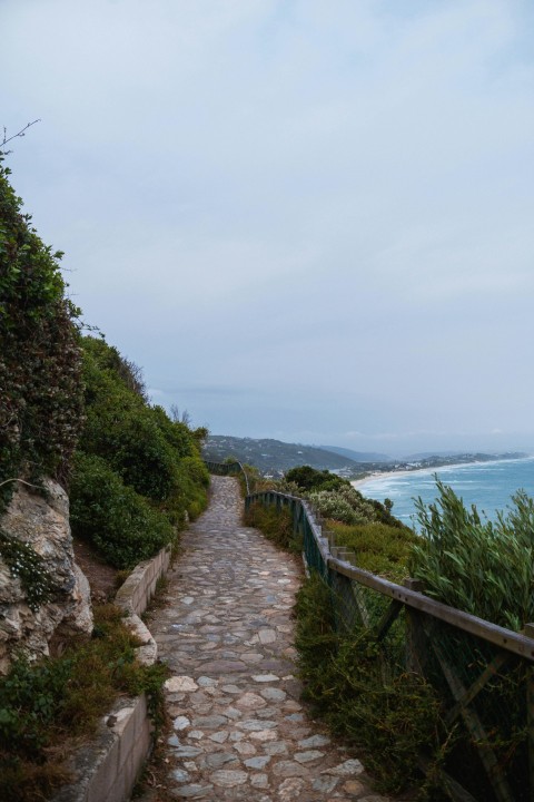 a stone path leading to the ocean on a cloudy day