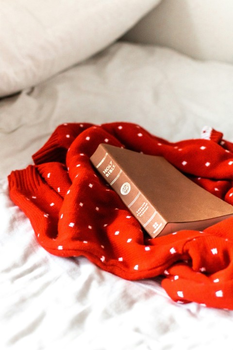 brown and white labeled box on red textile