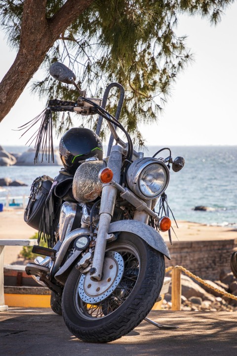 a motorcycle parked next to a tree near the ocean