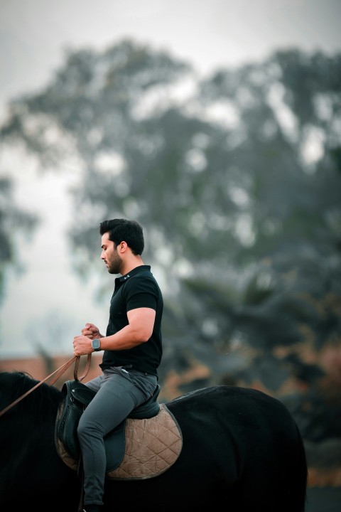 a man riding on the back of a black horse