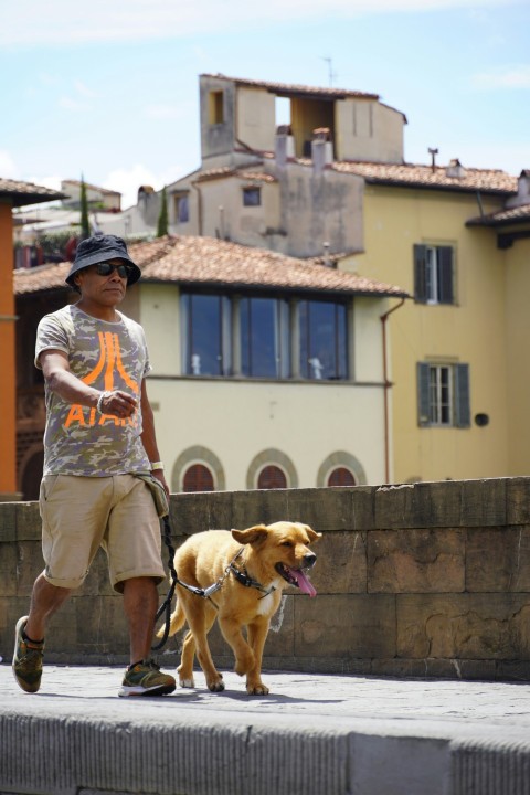 a man walking a dog on a leash
