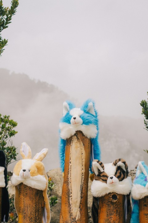 a group of stuffed animals sitting on top of logs