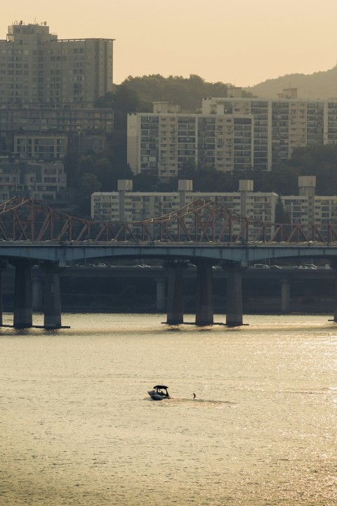 a boat in a body of water with a city in the background X