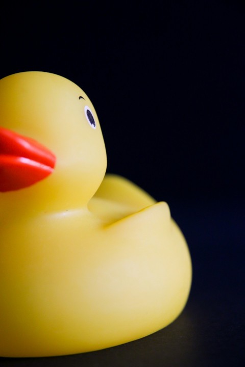 a yellow rubber duck with a red beak